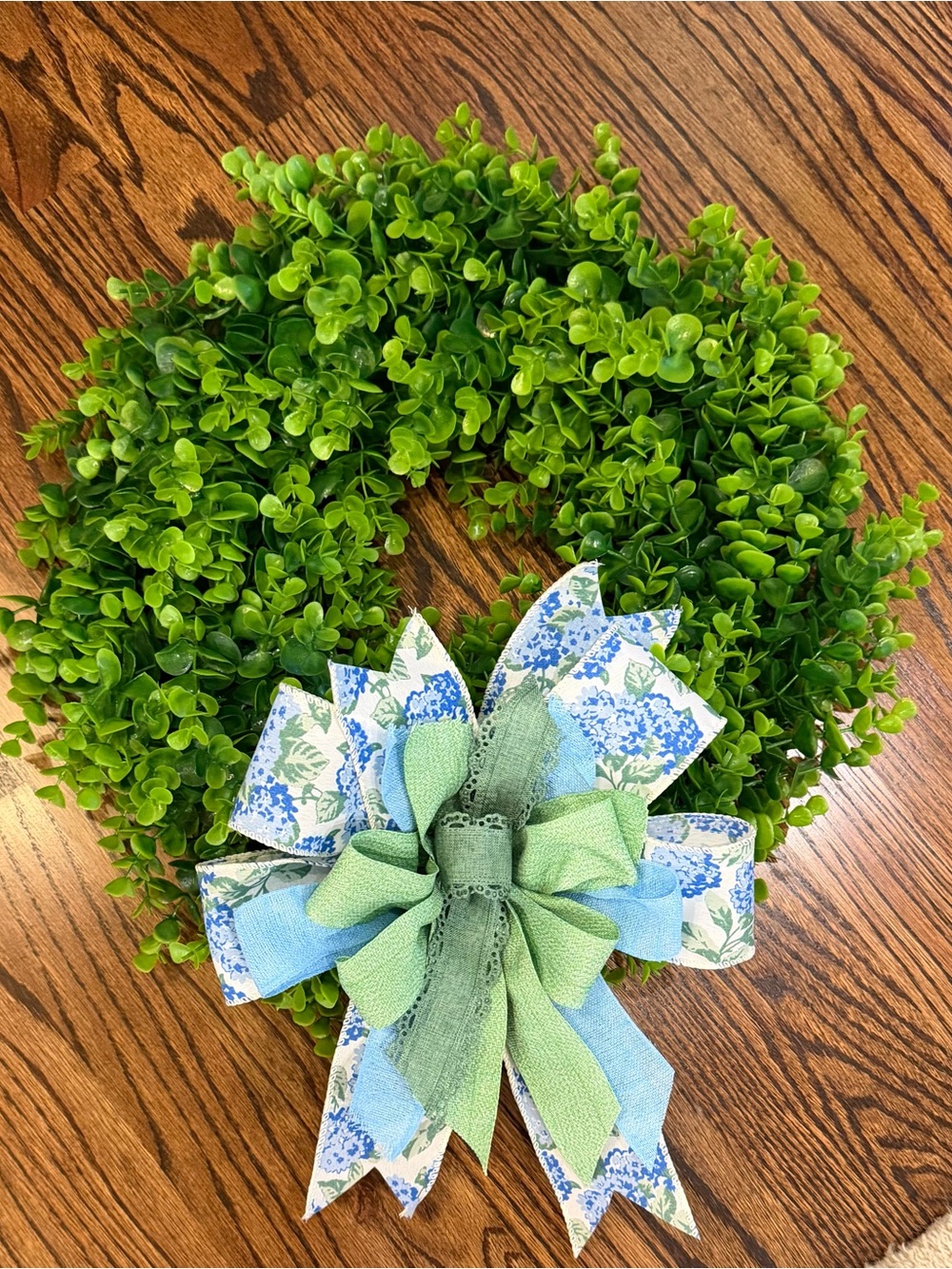 Green Boxwood Wreath with Blue Floral Bow - Home Holiday